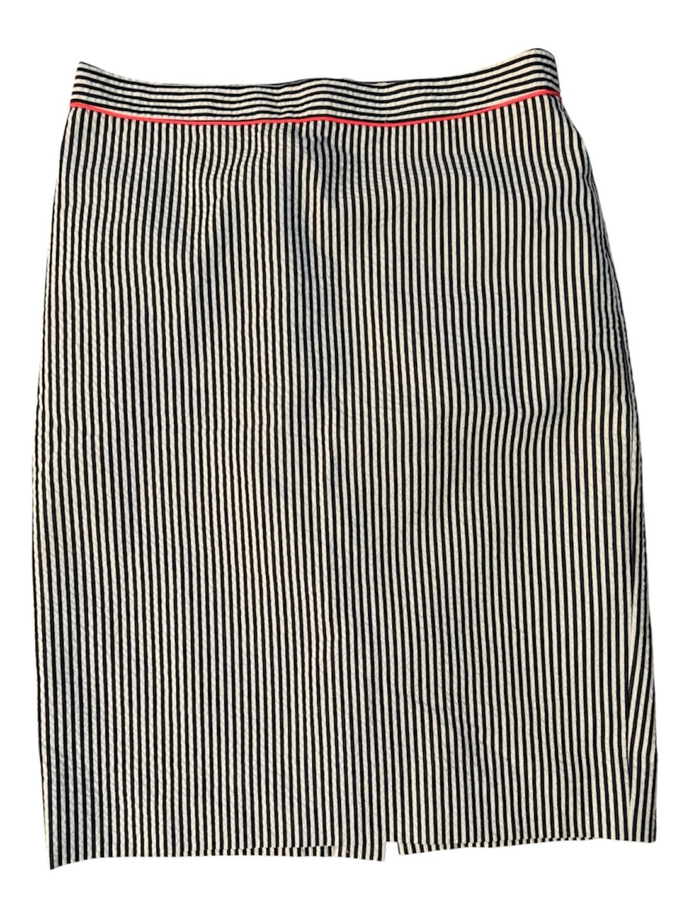 J. Crew Black and White Striped Seersucker Pencil Skirt with Pink Trim